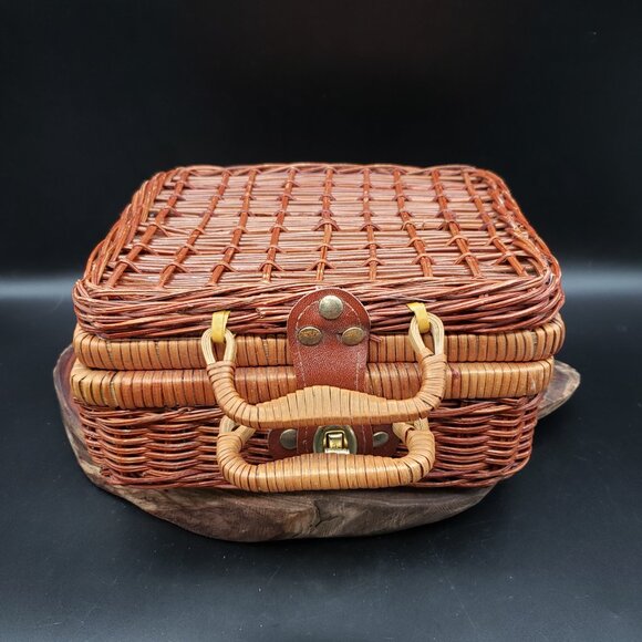 Vintage Wicker Picnic Basket Red Gingham Lining and Faux Food Cheese Bread Fruit - Picture 8 of 13